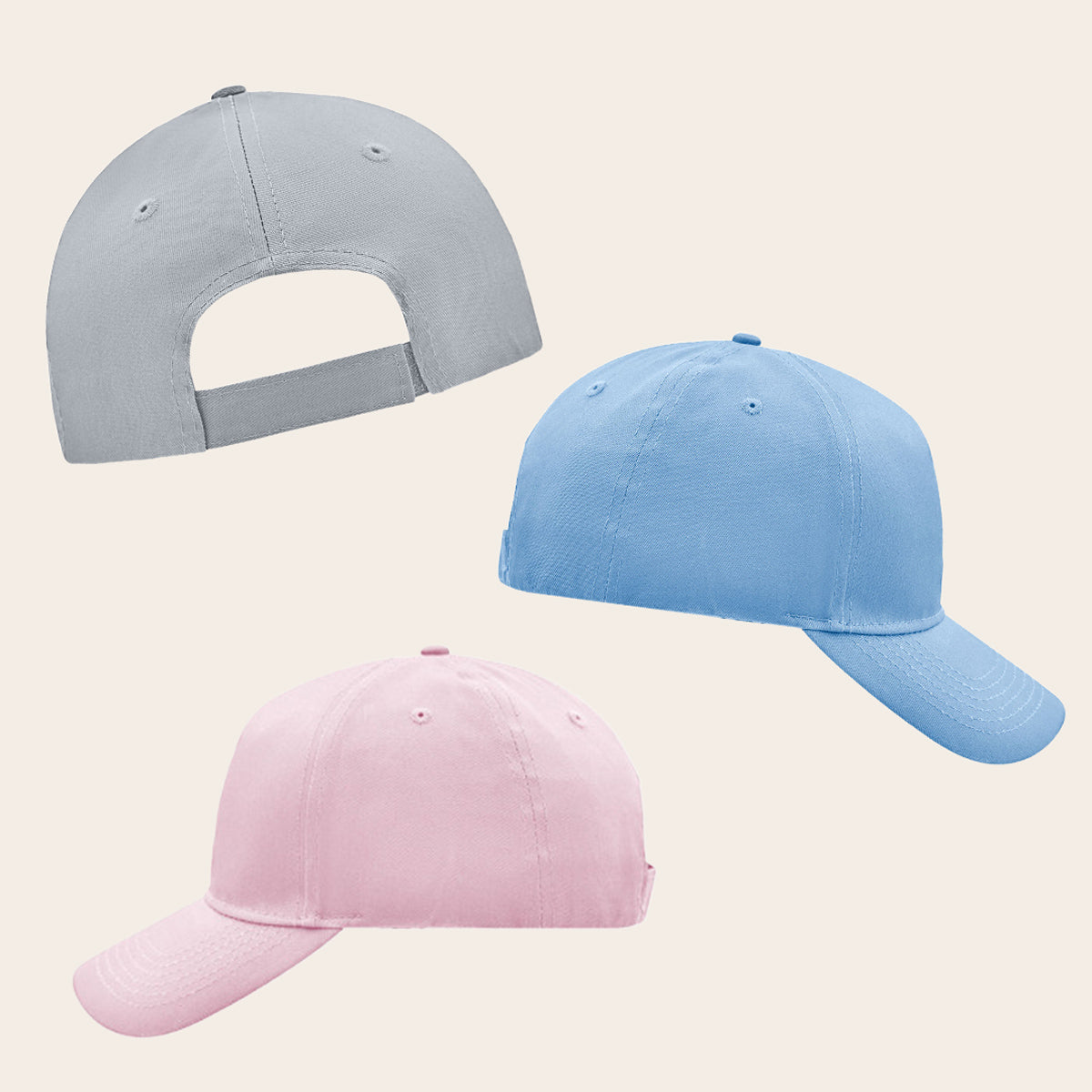 Drei Ansichten der 5-Panel Cap in den Farben Grau, Hellblau und Rosa – Darstellung der Vorderseite, Seitenansicht und der Rückseite mit Klettverschluss.