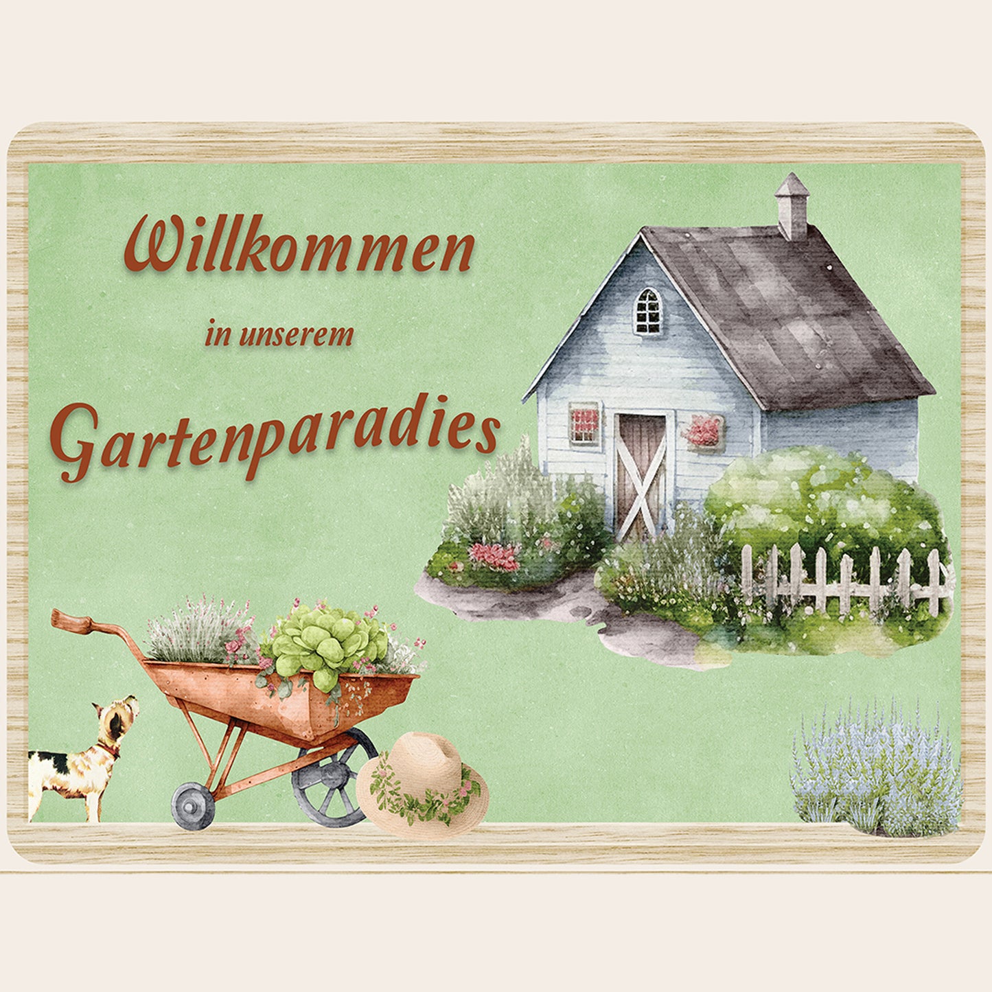 Dekoratives Gartenschild mit der Aufschrift "Willkommen in unserem Gartenparadies", Illustration von Gartenhaus und Schubkarre, Aluminium-Verbundplatte.