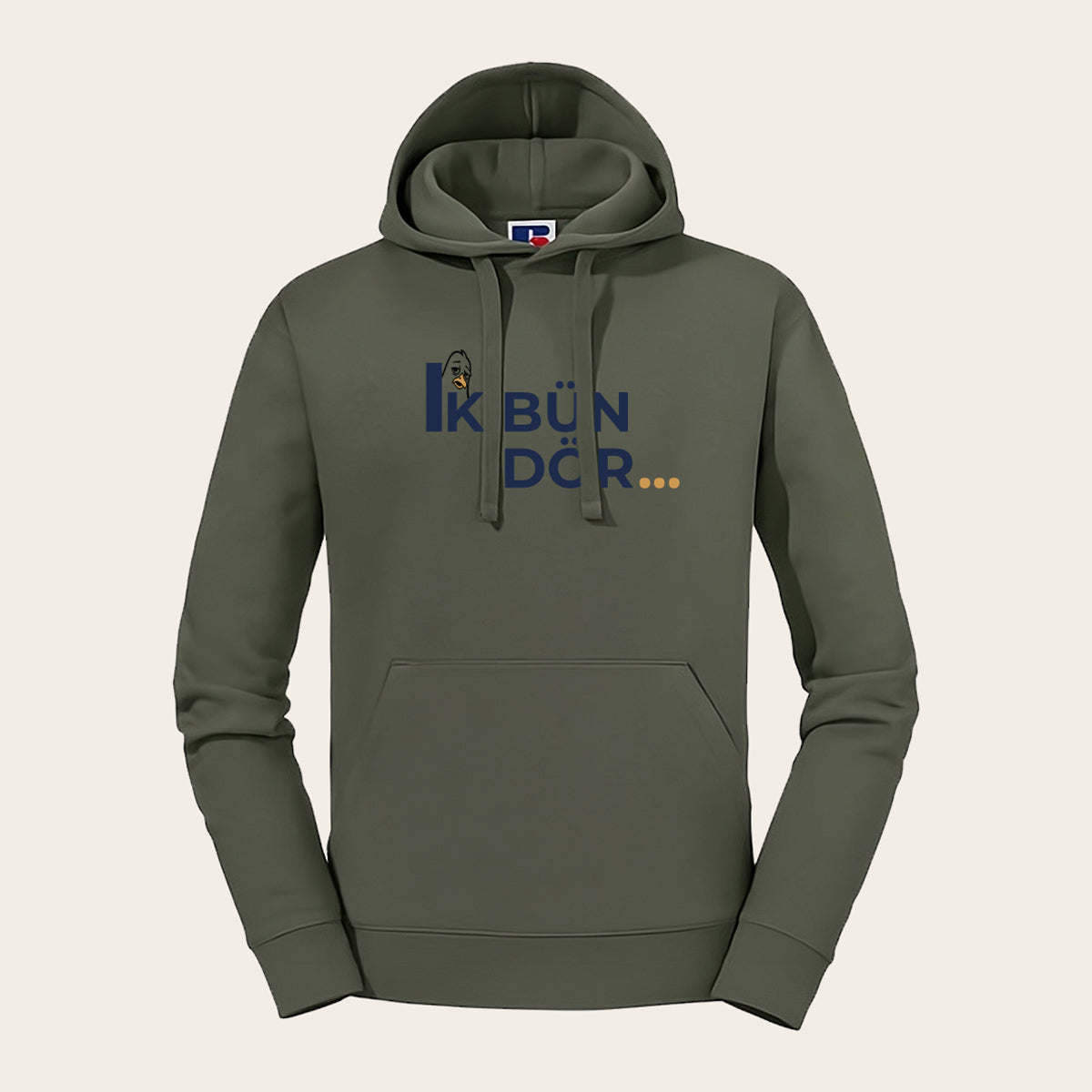 Kapuzenpullover in Olive mit plattdeutschem Schriftzug 'Ik bün dör' – hochwertiger Textildruck auf einem Russell Authentic Hoodie (280 g/m²), handveredelt in Itzehoe