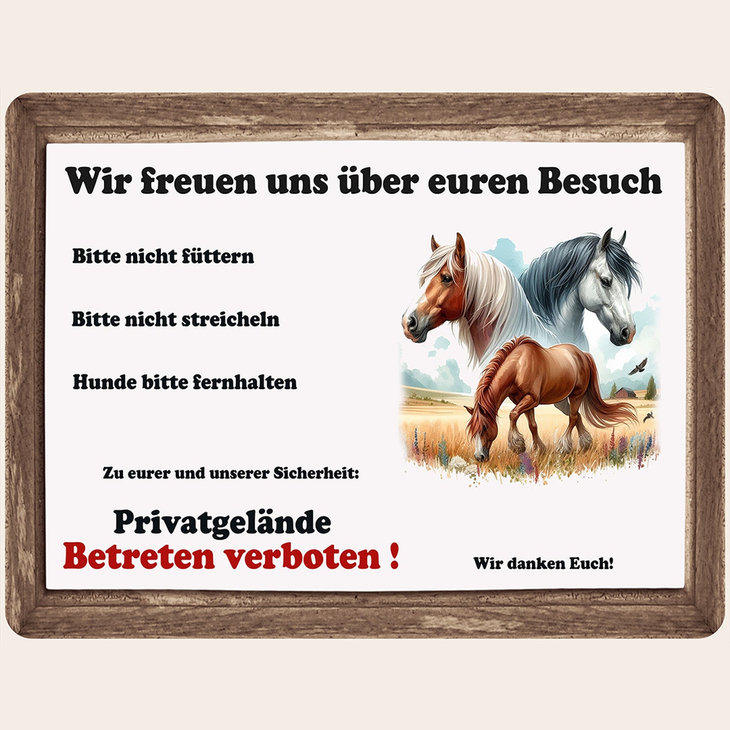 Wetterfestes Weideschild für Pferde mit brauner Holzrahmenoptik auf Aluminium-Verbundplatte.