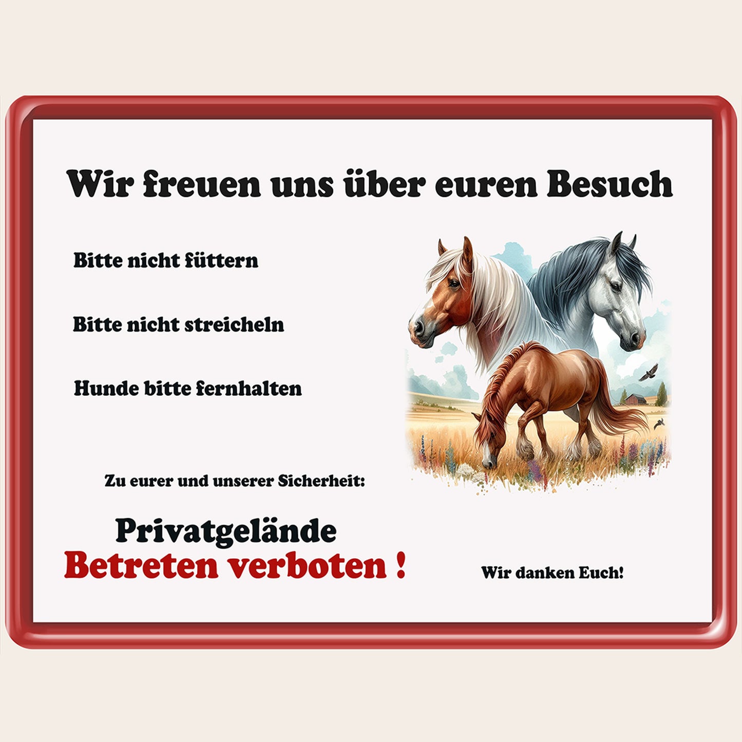 Auffälliges Weideschild für Pferde mit roter Metallrahmenoptik auf stabiler Aluminium-Verbundplatte.
