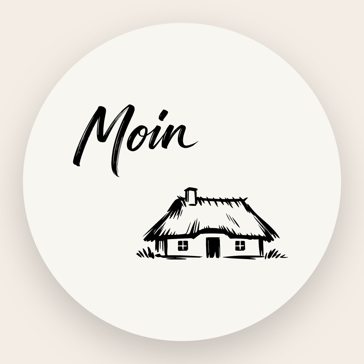 Schwarze Grafik eines traditionellen norddeutschen Reetdachhauses in minimalistischem Stil auf mattem Glasgrund.