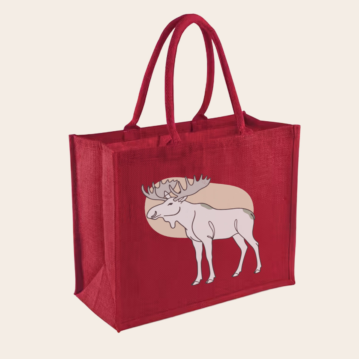 Großer Jute-Shopper in kräftigem Rot mit Nordic Moose Motiv und 21 Liter Volumen.