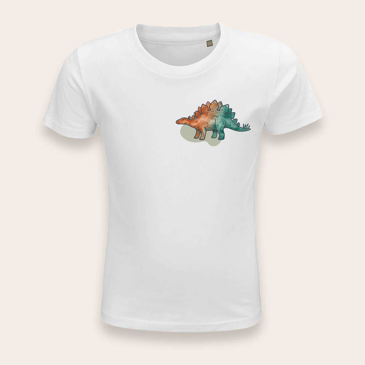 Nachhaltiges Kinder Bio-T-Shirt in Weiß mit detailreichem Stegosaurus-Print.