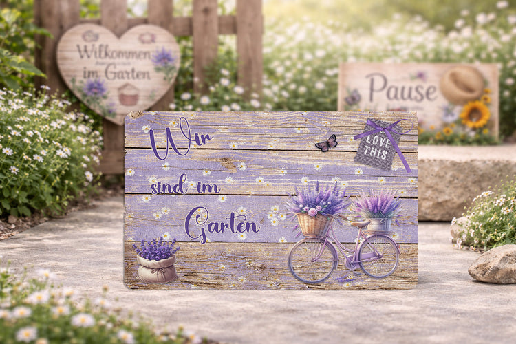 Wetterfeste Gartenschilder und Hinweistafeln aus Aluminium-Verbund mit verschiedenen Motiven für den Außenbereich.