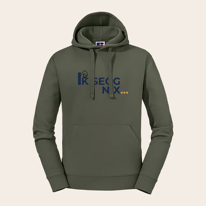 Olivgrüner Kapuzenpullover mit dem Aufdruck 'Ik segg nix' mit Möwe – Russell Authentic Unisex-Schnitt, hochwertig veredelt für echte Küstenkinder