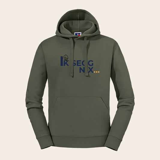 Olivgrüner Kapuzenpullover mit dem Aufdruck 'Ik segg nix' mit Möwe – Russell Authentic Unisex-Schnitt, hochwertig veredelt für echte Küstenkinder