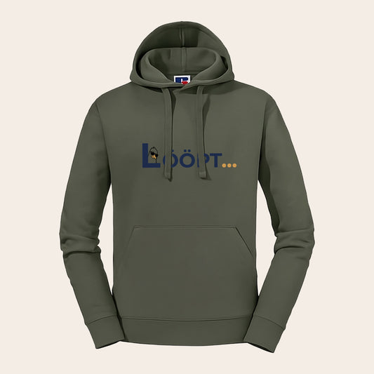 Olivfarbener Unisex-Kapuzenpullover mit dem plattdeutschen Statement 'Lööpt' – ein robuster Begleiter aus der Russell Authentic Serie für Alltag und Freizeit