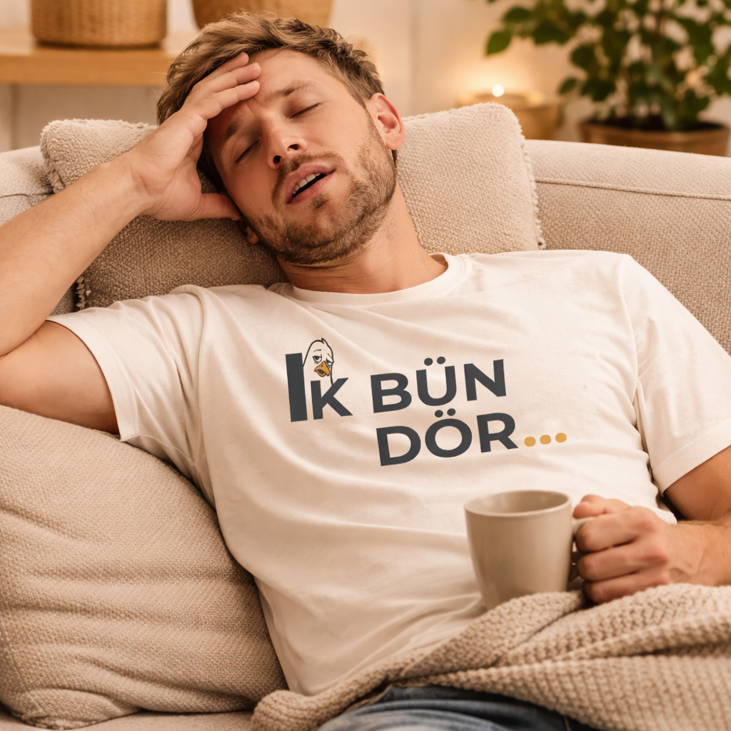 Mann schläft auf Sofa mit Russell T-Shirt Ik bün dör Möwe Natur - Dein Printwerk Itzehoe