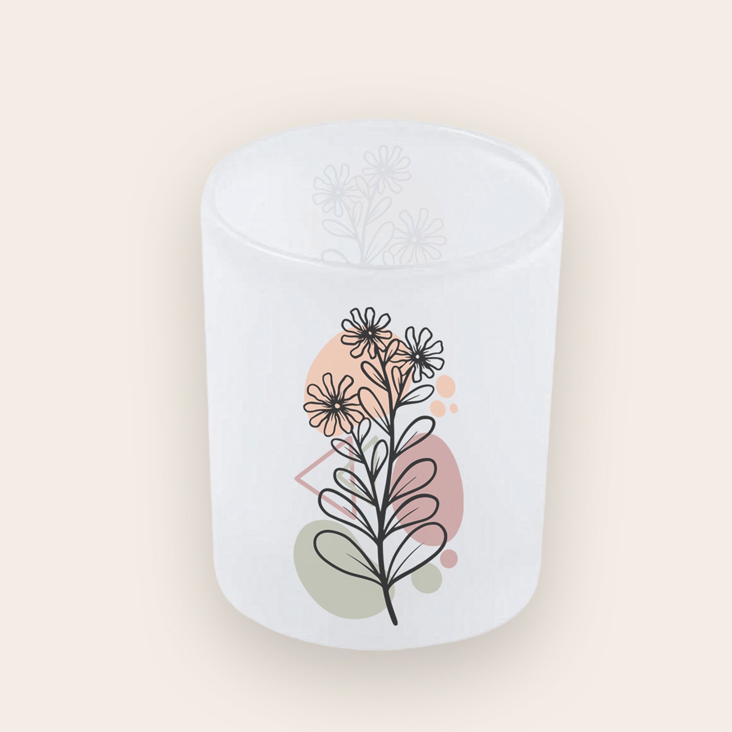 Satiniertes Glas-Windlicht mit modernem schwarzen Botanical-Blätter-Design.