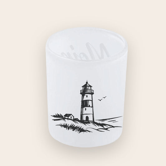 Hochauflösender satinierter Glas-Teelichthalter mit schwarzem Leuchtturm-Motiv, Eiseffekt-Optik.