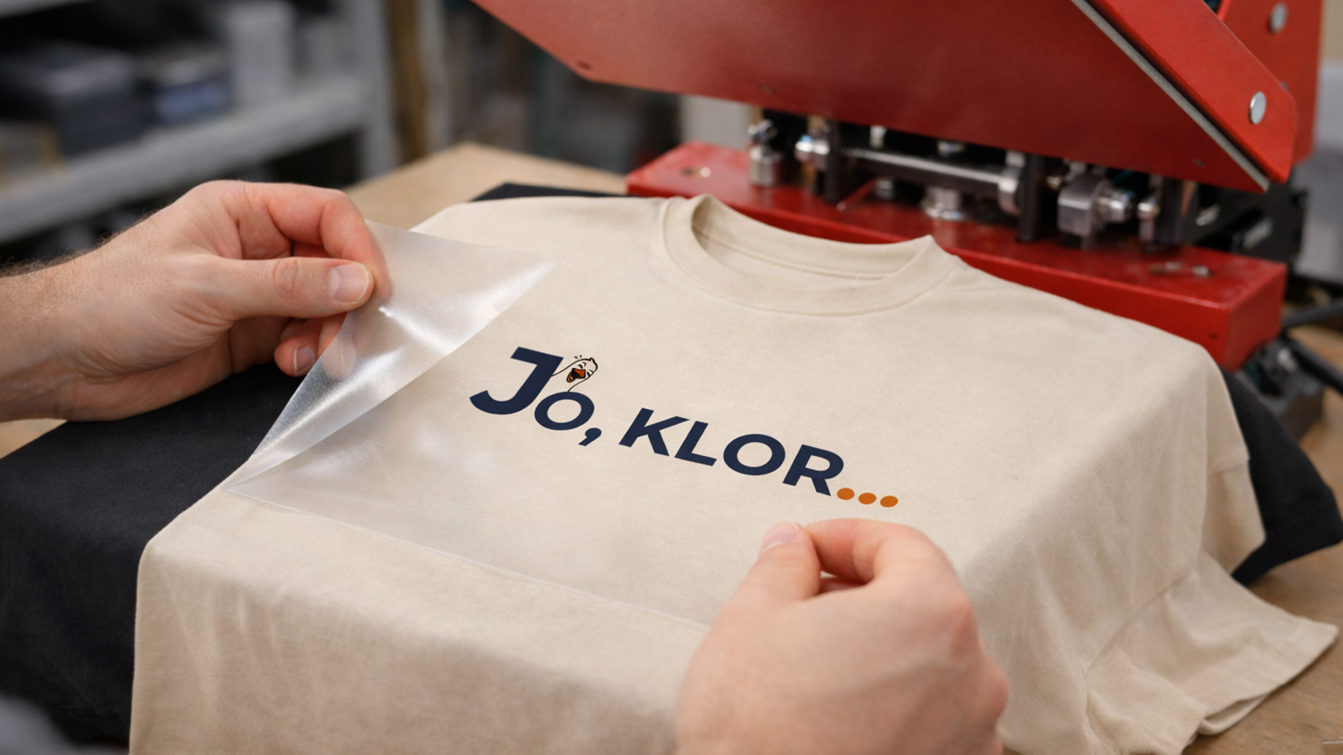 Textildruck in Itzehoe T-Shirt mit Jo-klor und Möwe auf der Heizpresse liegen