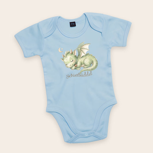 Hellblauer Bio-Babybody mit schlafendem Drachen und Schriftzug Schietbüddel