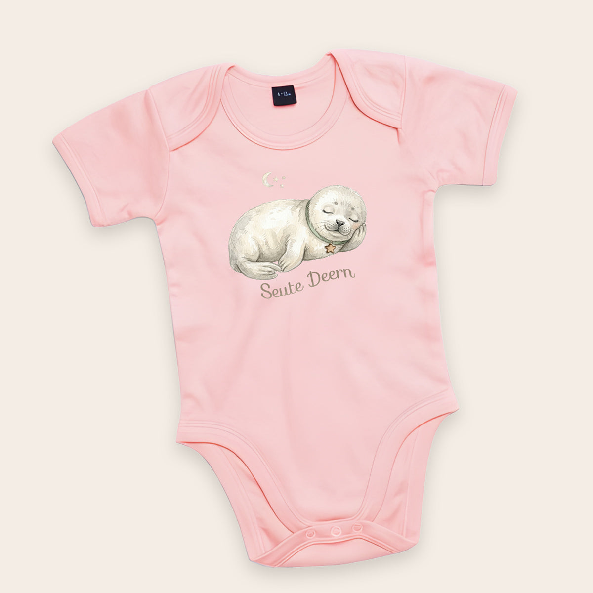 Rosa Bio-Babybody mit schlafender Robbe und Schriftzug Seute Deern