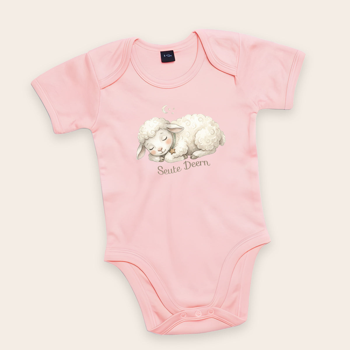 Bio-Babybody Kurzarm in Rosa mit dem Motiv Schlafendes Lamm