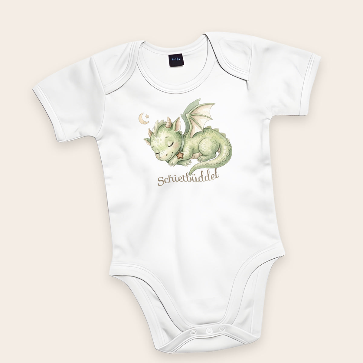 Weißer Bio-Babybody mit schlafendem Drachen und Schriftzug Schietbüddel