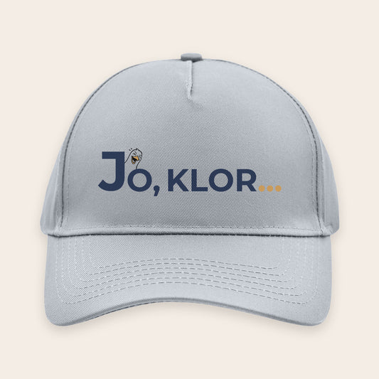Graue 5-Panel Cap mit 'Jo, klor' Motiv und Möwe – 100% Baumwolle, verstellbar.