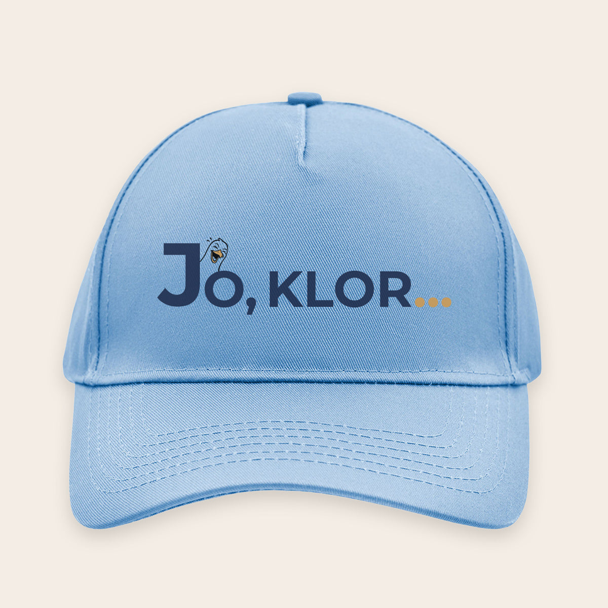 Hellblaue 5-Panel Cap mit Statement 'Jo, klor' und Möwe – erstklassiger DTF-Druck.