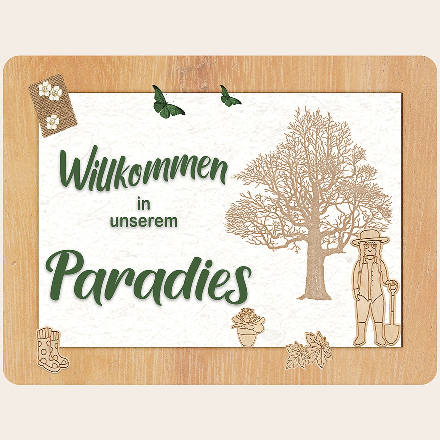 Dekoratives Gartenschild "Willkommen in unserem Paradies" mit Baum- und Gärtner-Illustration auf Aluminium-Verbundplatte.