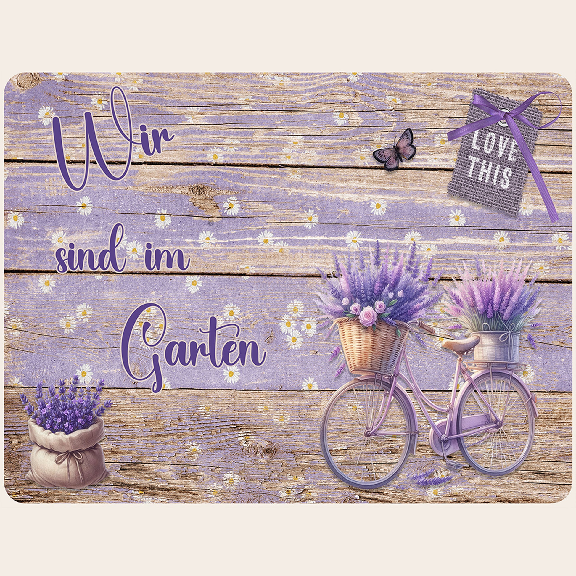 Dekoratives Gartenschild mit der Aufschrift "Wir sind im Garten", Lavendel-Fahrrad Motiv auf Holzoptik, Aluminium-Verbundplatte