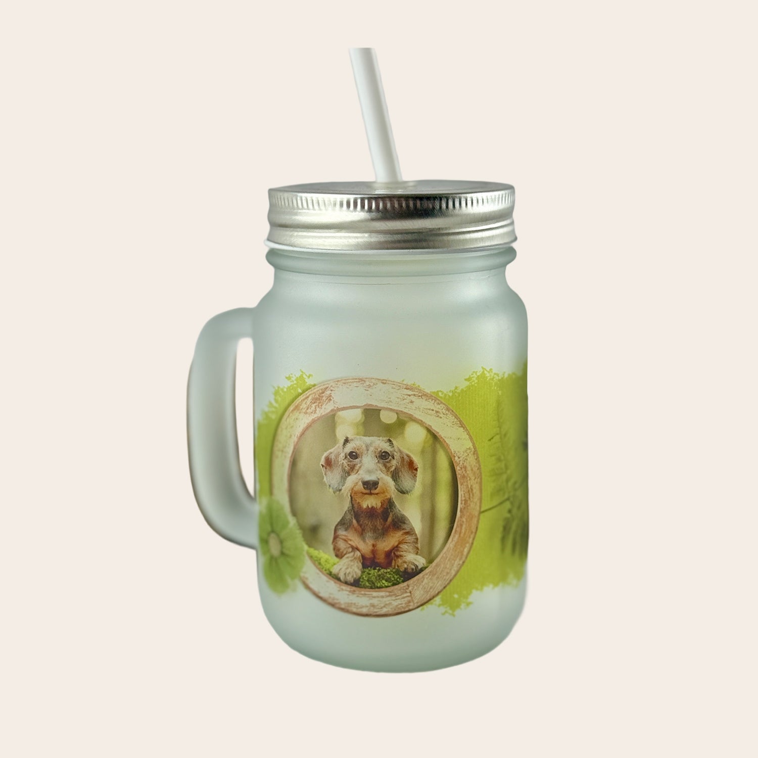 Glasbecher mit individuell gestaltetem Foto im Rahmen-Design, personalisierte Trinkbecher aus unserer Werkstatt in Itzehoe