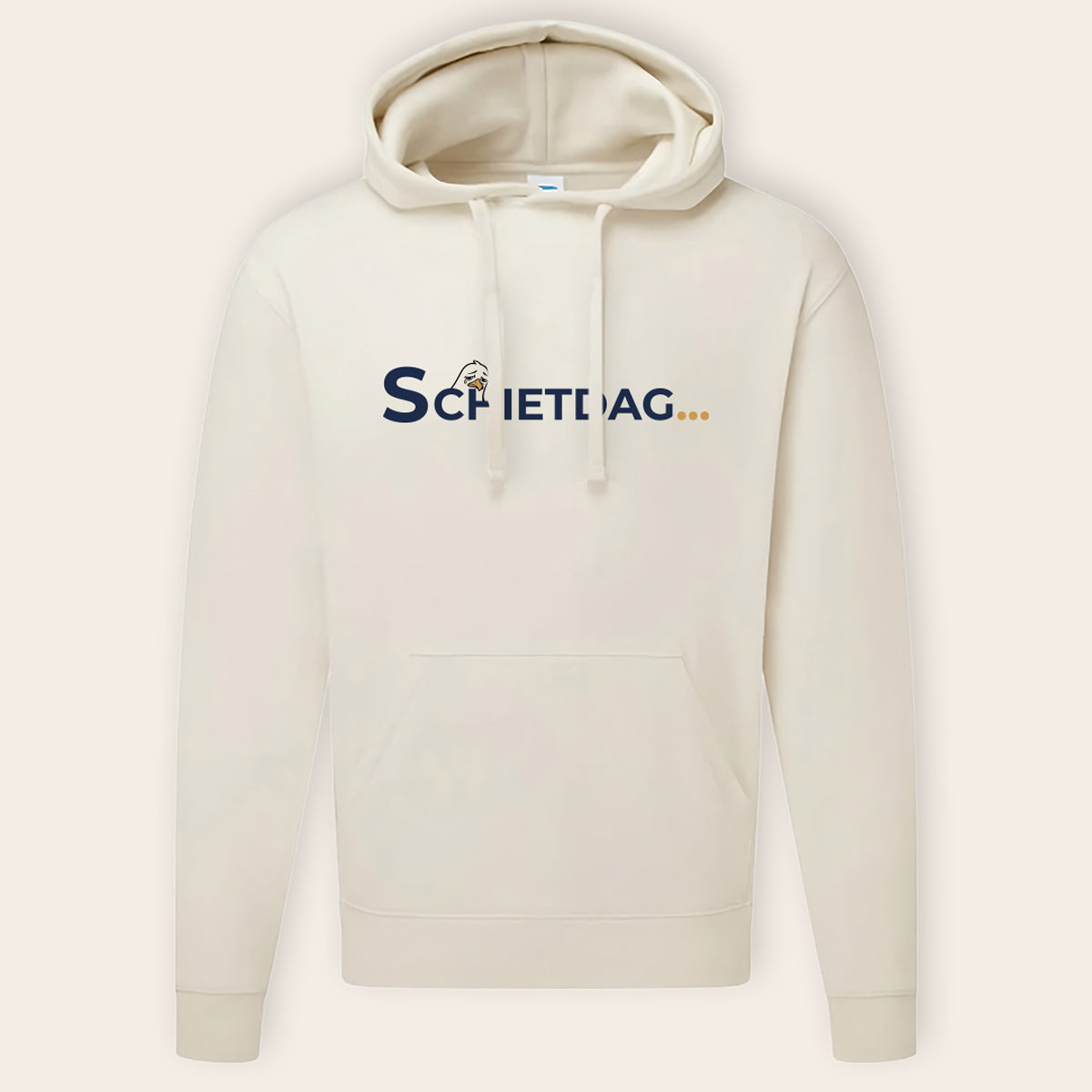 Naturfarbener Kapuzenpullover mit dem Motiv 'Schietdag' – minimalistisches Design kombiniert mit schwerer Premium-Qualität.