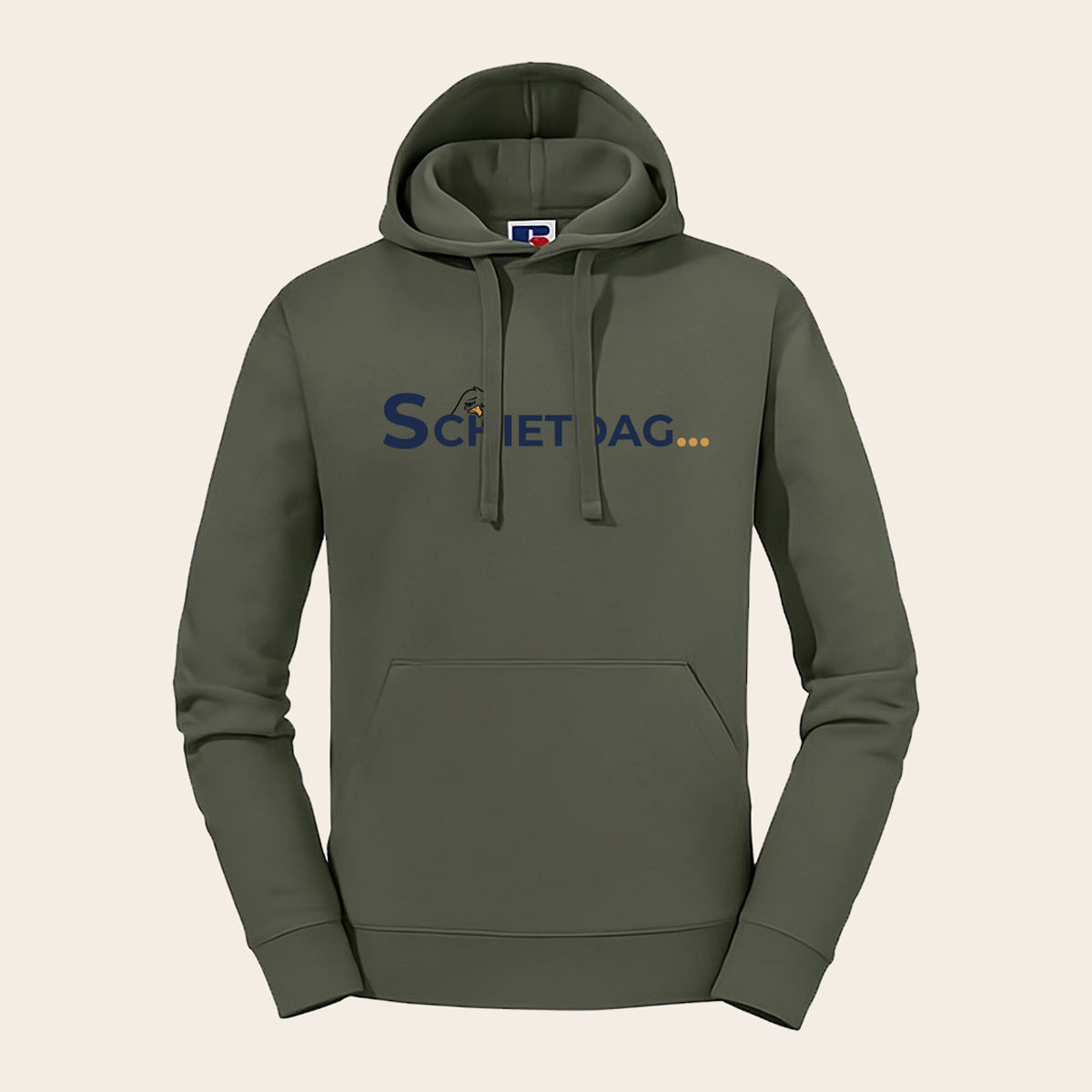 Olivgrüner Hoodie mit dem plattdeutschen Aufdruck 'Schietdag' – hochwertiges Russell-Textil für maximalen Tragekomfort an schlechten Tagen.