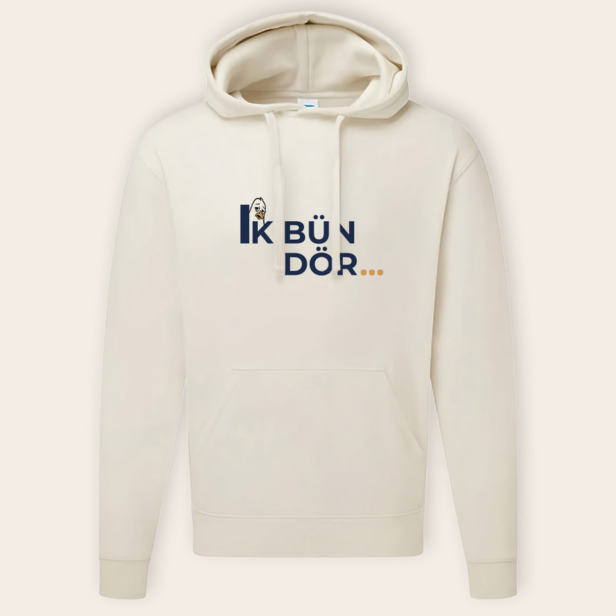 Naturweißer Unisex-Hoodie mit "Ik bün dör..." Schriftzug – hochwertiger Textildruck auf Russell Authentic Sweat-Material (280 g/m², innen angeraut).