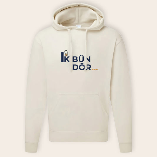 Naturweißer Unisex-Hoodie mit "Ik bün dör..." Schriftzug – hochwertiger Textildruck auf Russell Authentic Sweat-Material (280 g/m², innen angeraut).