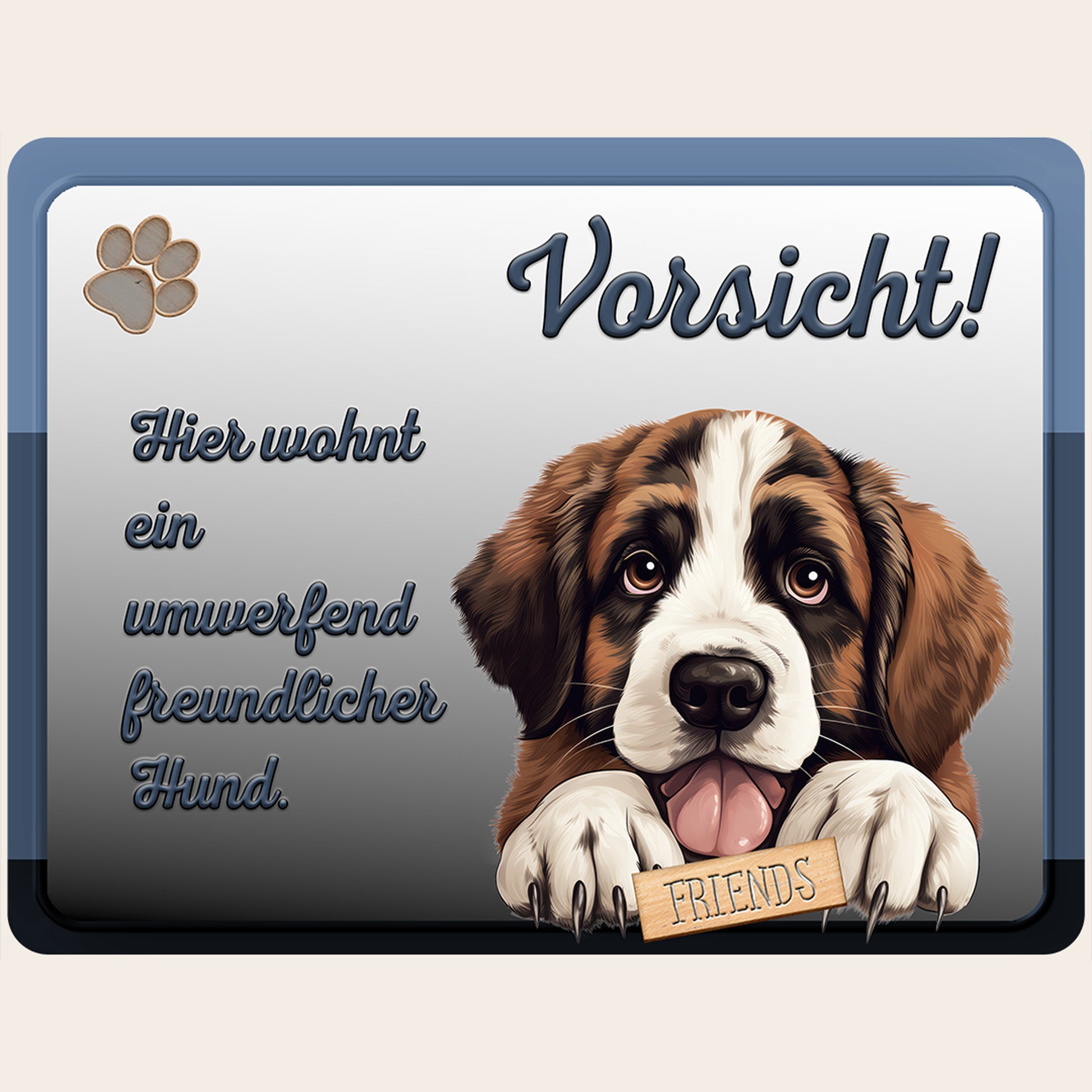 Hundewarnschild "Hier wohnt ein umwerfend freundlicher Hund" mit Bernhardiner-Illustration auf Aluminium-Verbundplatte.