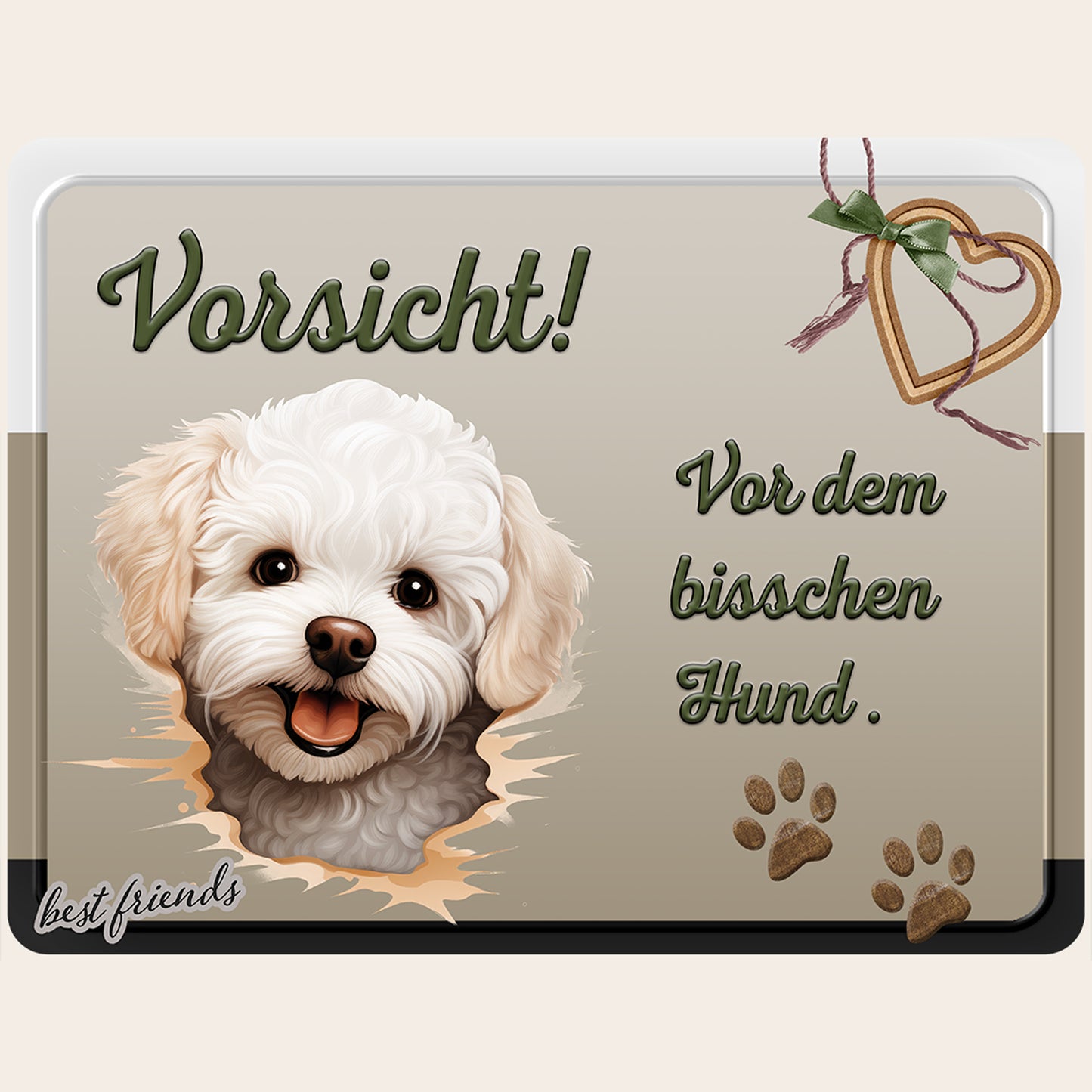 Hundewarnschild "Vorsicht! Vor dem bisschen Hund" mit Bichon Frisé Illustration auf Aluminium-Verbundplatte