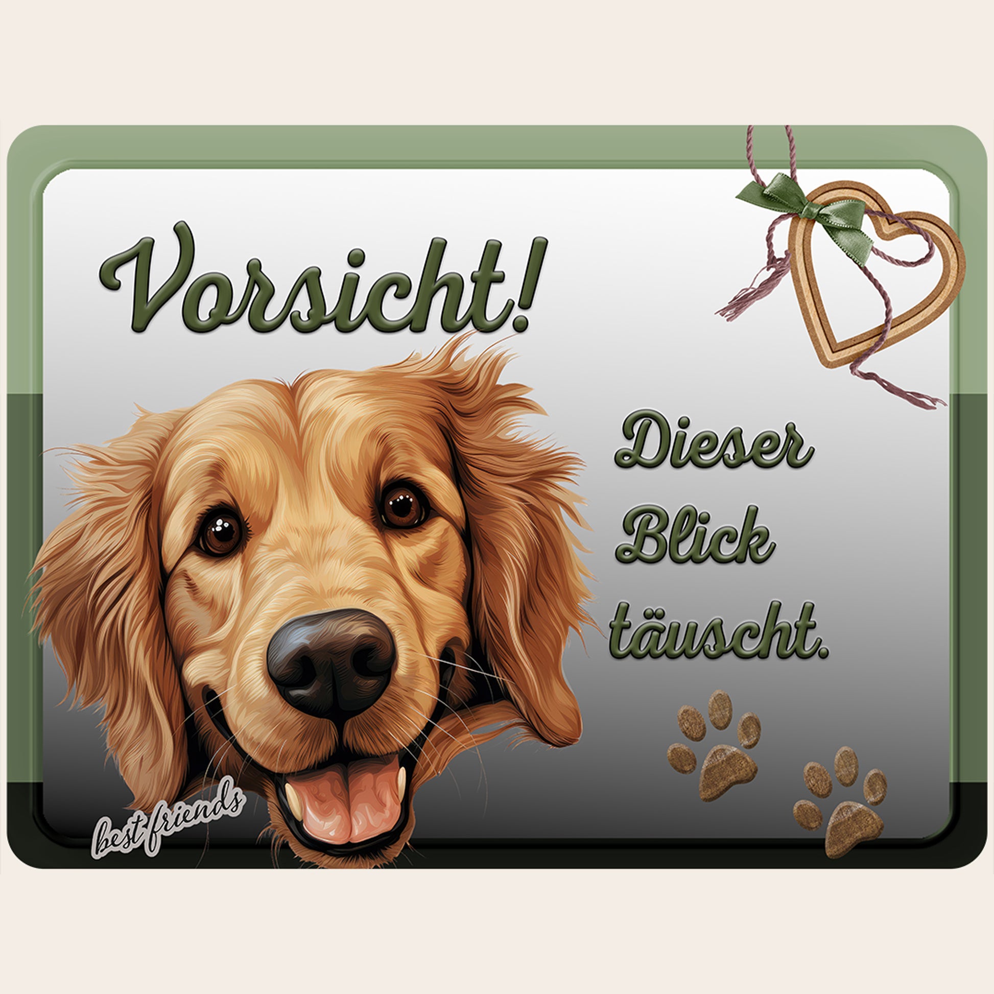 Hundeschild "Vorsicht! Dieser Blick täuscht." mit lachendem Golden Retriever auf Aluminium-Verbundplatte.
