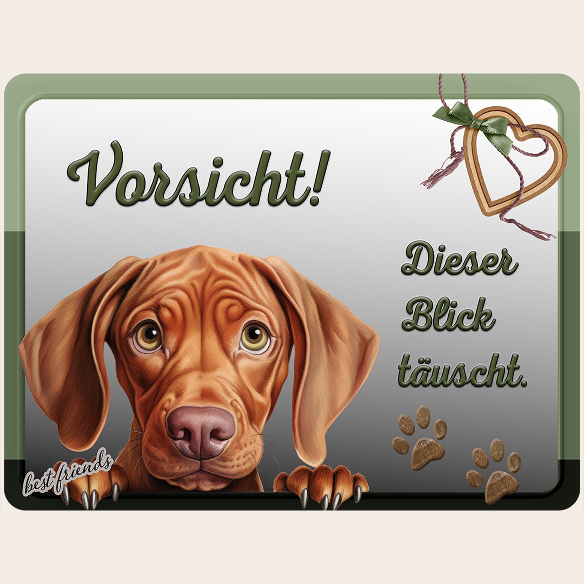 Hundeschild "Vorsicht! Dieser Blick täuscht." mit Magyar Vizsla Illustration auf Aluminium-Verbundplatte.