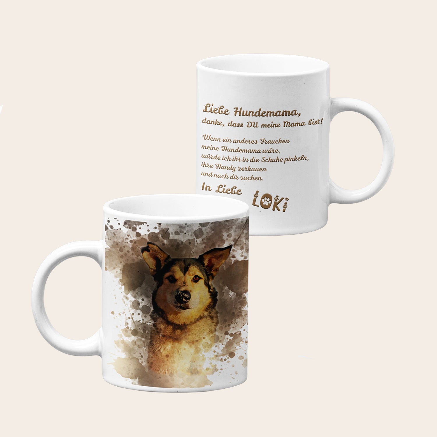 Individuell gestalteter Keramikbecher mit Hundemotiv im Aquarellstil, personalisierte Tasse aus unserer Werkstatt in Itzehoe