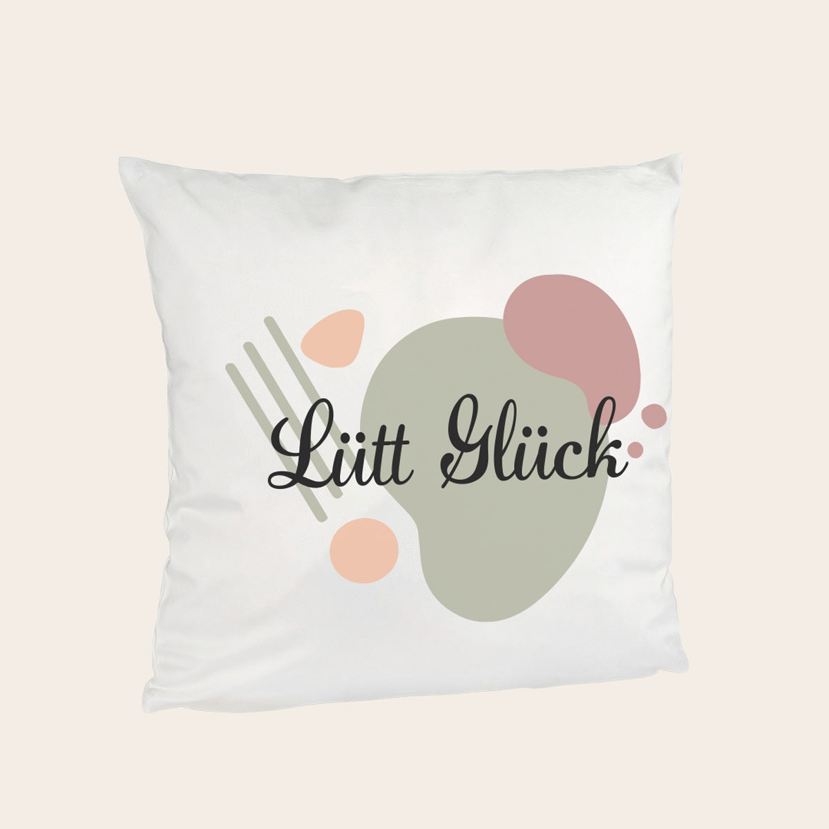 Weißes Kuschelkissen mit dem Motiv 'Lütt Glück' und abstrakten Formen in Pastell – 40x40 cm, inklusive Füllung und weichem Soft-Touch Bezug