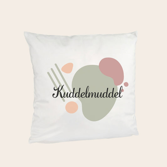 Weißes Kuschelkissen mit dem Motiv 'Kuddelmuddel' und abstrakten Pastellformen – 40x40 cm, inklusive Füllung und weichem Soft-Touch Bezug.