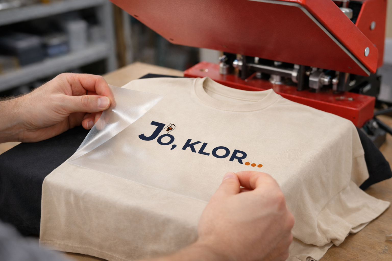 Veredelung eines beigen T-Shirts mit dem norddeutschen Spruch „Jo, Klor...“ mittels DTF-Druck in der Dein Printwerk Werkstatt in Itzehoe.