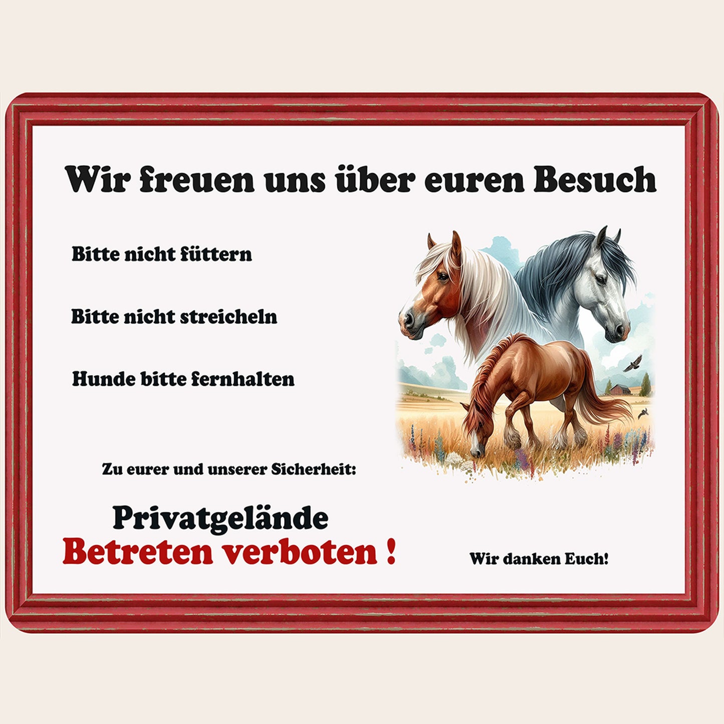 Wetterfestes Weideschild für Pferde mit roter Holzrahmenoptik auf stabiler Aluminium-Verbundplatte.