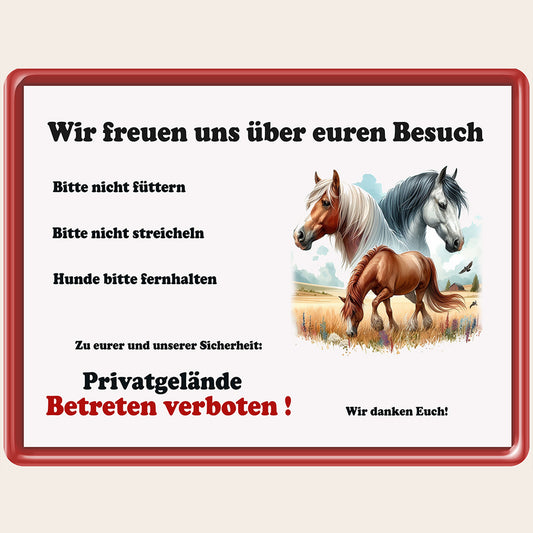 Auffälliges Weideschild für Pferde mit roter Metallrahmenoptik auf stabiler Aluminium-Verbundplatte.