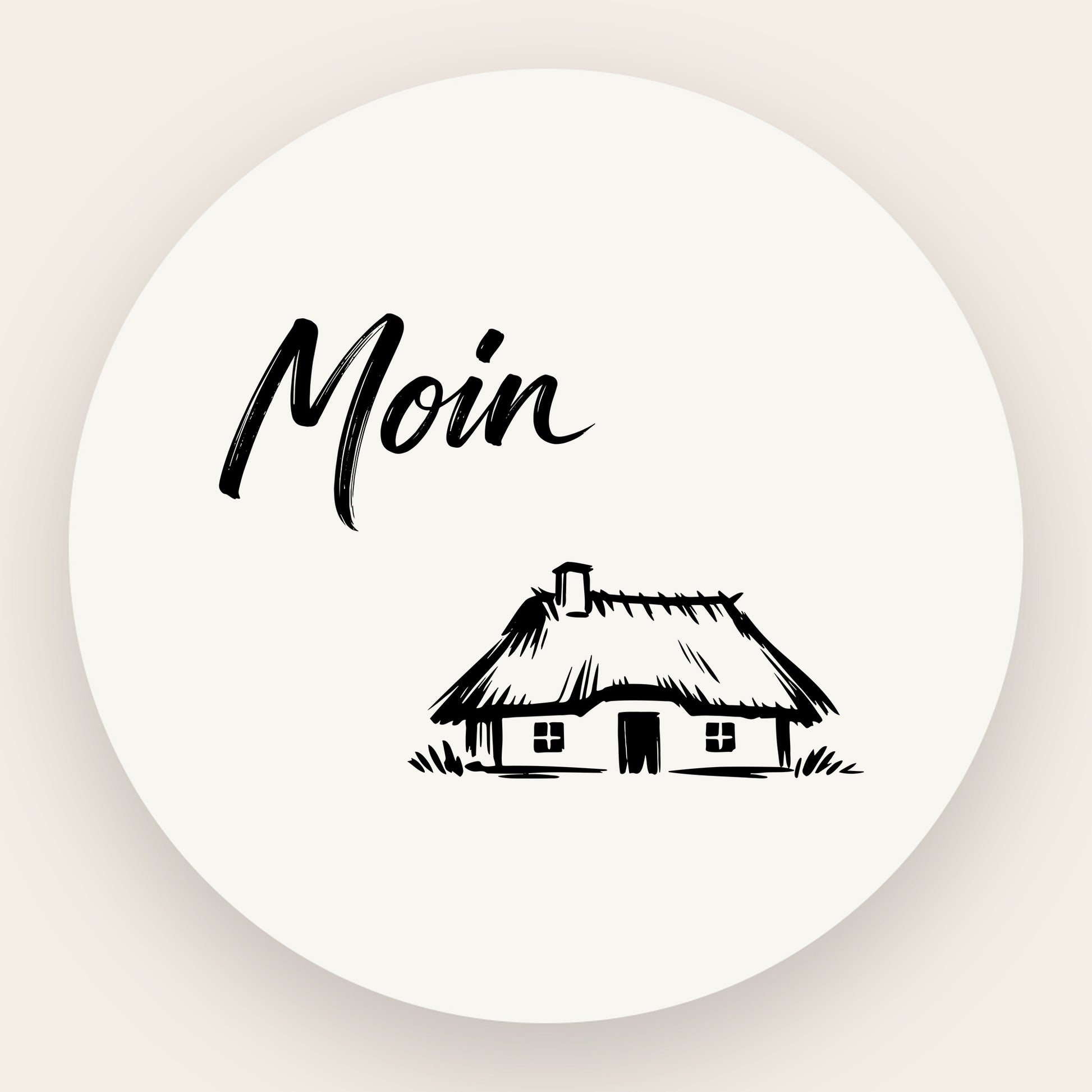 Schwarze Grafik eines traditionellen norddeutschen Reetdachhauses in minimalistischem Stil auf mattem Glasgrund.