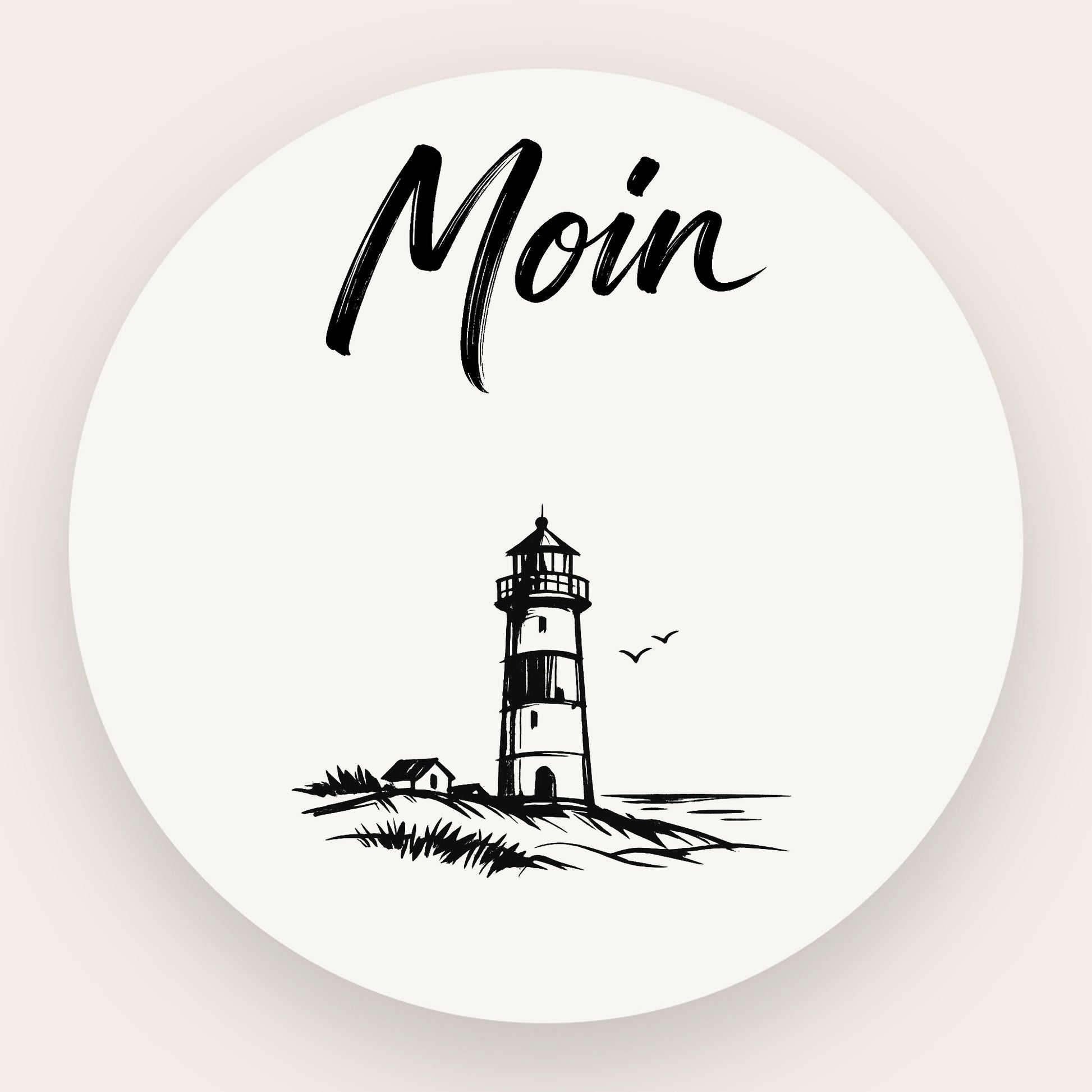 Design-Ansicht des Teelichts: Vorne Leuchtturm, gegenüberliegend der Schriftzug Moin.