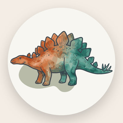 Farbenfrohe Stegosaurus-Illustration im Aquarell-Stil mit künstlerischem Hintergrundelement.