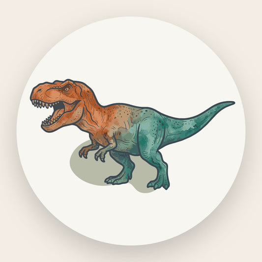 Detaillierte Aquarell-Illustration eines T-Rex mit dezentem Farbfleck im Hintergrund.