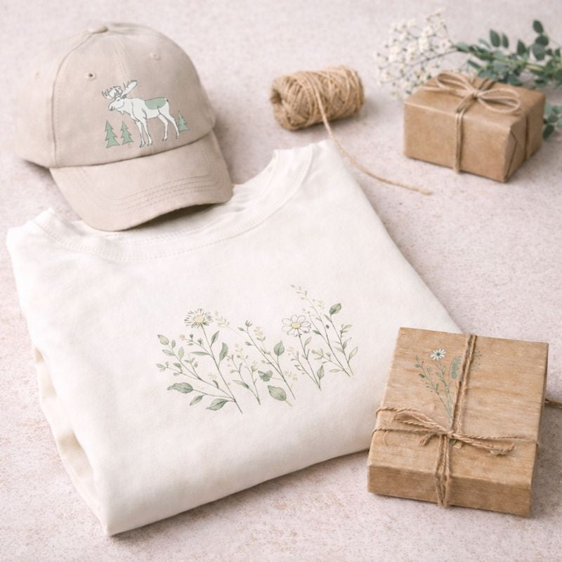 Geschenkset im Scandi-Stil mit gefaltetem Sweatshirt, Cap und kleiner Geschenkbox auf hellem Hintergrund.