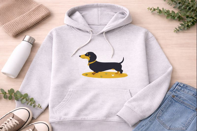 Hellgrauer Hoodie mit Dackel-Motiv im Scandi-Blue Stil als Kollektionsbild für Hoodies im Shop von Dein Printwerk