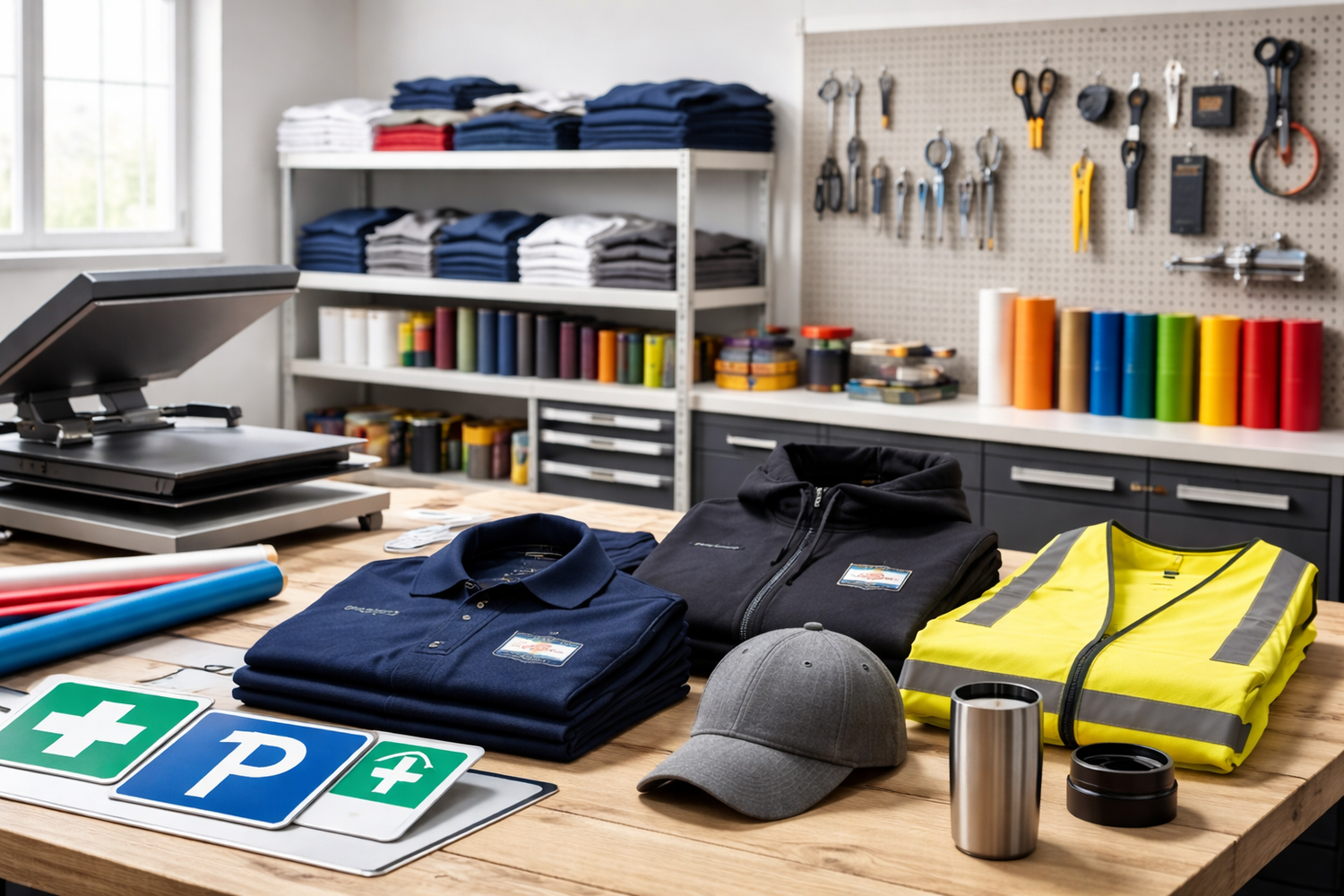 Arbeitsplatz mit individuell bedruckten Textilien, Warnwesten, Bechern und Schildern für Firmen, Vereine und Organisationen
