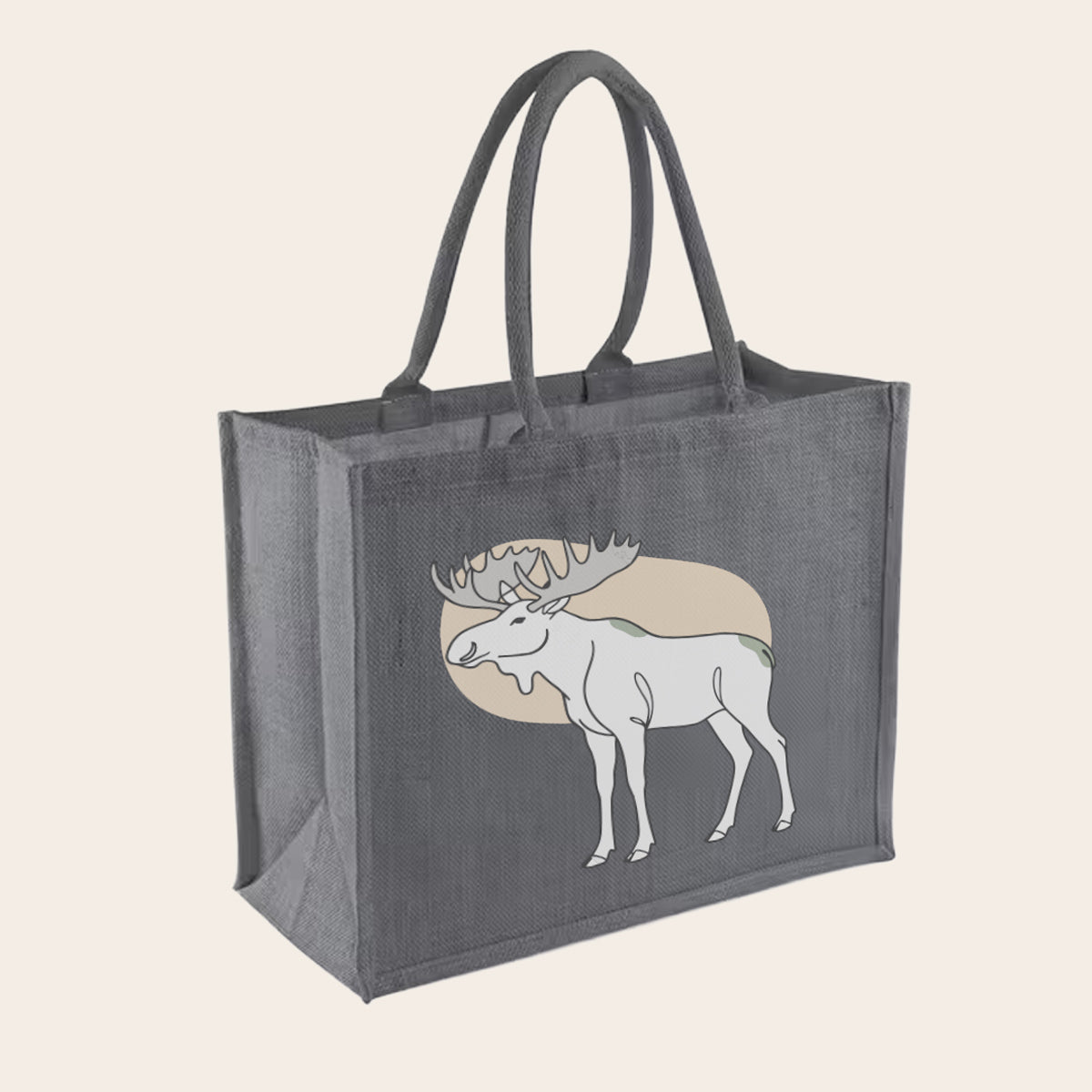 Dunkelgrauer Jute-Shopper in Graphit mit Elch-Design und strukturierter Textur.