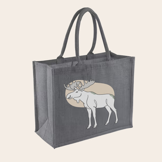 Dunkelgrauer Jute-Shopper in Graphit mit Elch-Design und strukturierter Textur.