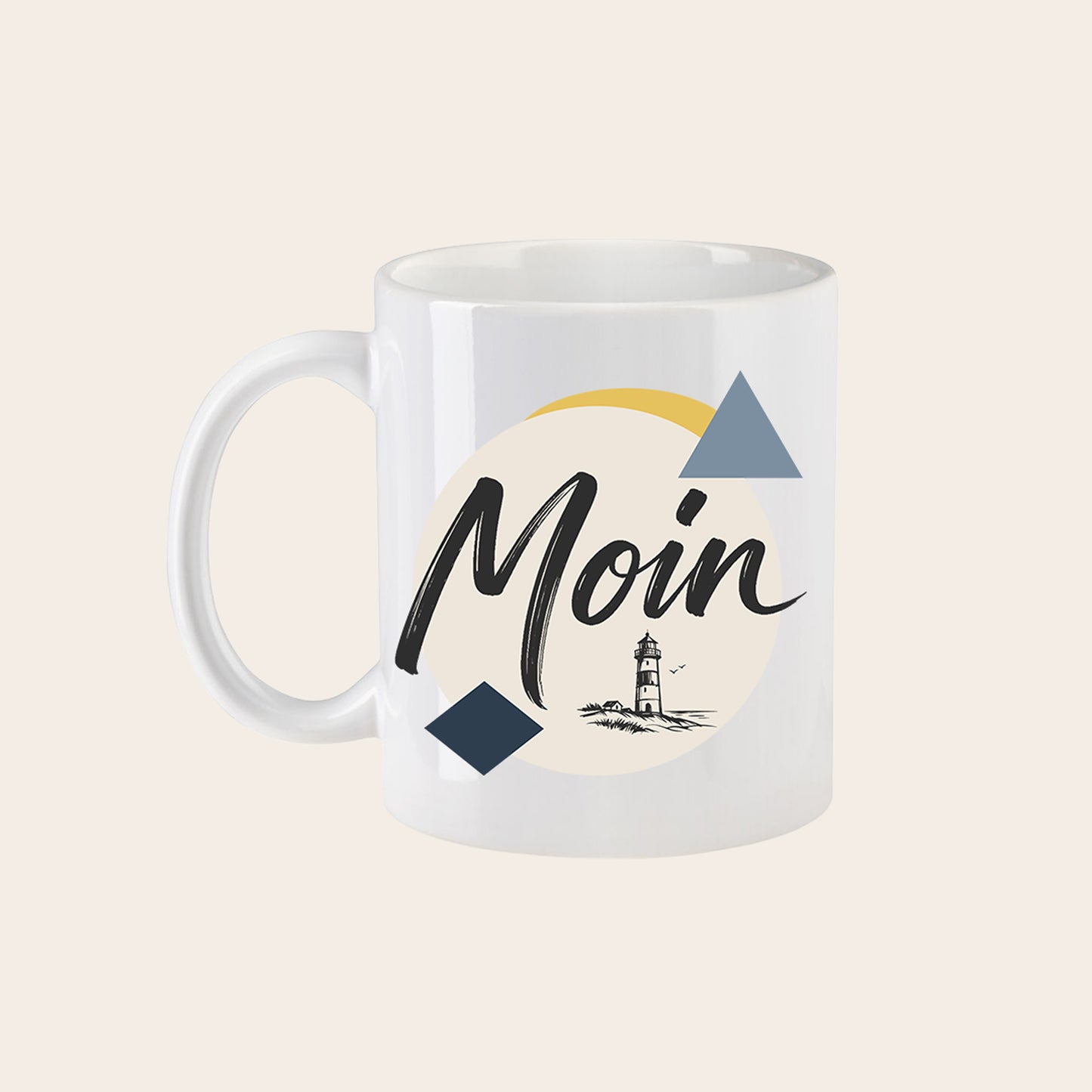 Keramikbecher weiß mit Moin Leuchtturm Motiv im Norddesign von Dein Printwerk