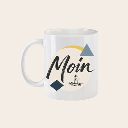 Keramikbecher weiß mit Moin Leuchtturm Motiv im Norddesign von Dein Printwerk